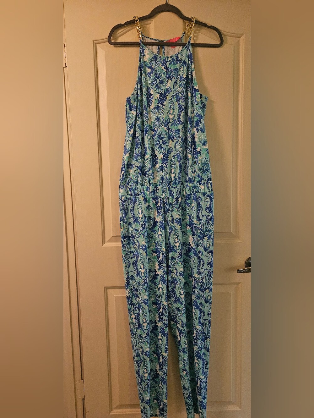 Lilly Pulitzer Blue & Teal Floral Chain strap Halter Jumpsuit